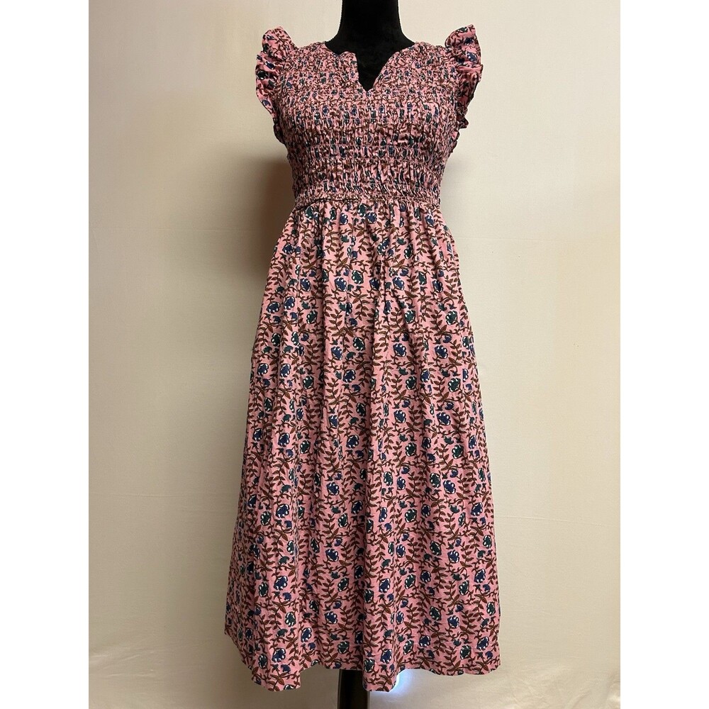 J. CREW Womens Sz XS Smocked Pink Floral Midi Dress Flutter Sleeve Pockets Boho